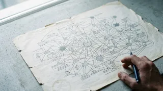 Hand and pen over aged internet network map on concrete, representing Google AI search agents