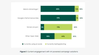 Bar chart showing AI campaign adoption: Performance Max and Advantage+ at 98%, open web at 80%.