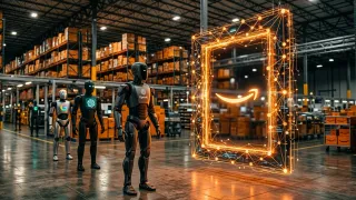 Humanoid AI agent robots face an Amazon API portal inside a fulfillment warehouse