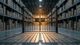 Padlocked iron gate bearing the Amazon logo blocks a warehouse aisle lined with branded boxes.