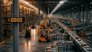 Amazon's fulfillment center features a countdown clock and operators ahead of the Prime Day 2026 cutoff.