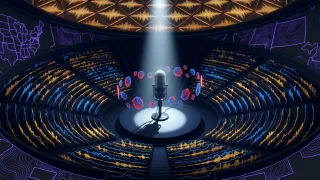 Vintage microphone on a stage surrounded by audio waveforms and voter data shards