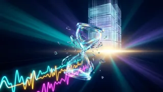 Shattered hourglass with neon brand lift waveforms, programmatic measurement speed concept