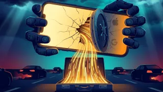 Government hands crack open a smartphone vault, spilling user data into a federal briefcase.