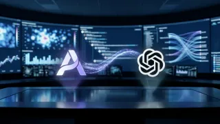 Adthena and ChatGPT logos connected by data streams in an AI ads intelligence command center
