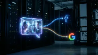 Chat bubble transmitting data streams to Facebook and Google logos in a dark server room.