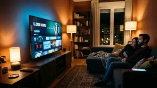 Couple watching connected TV at night in a Spanish home with streaming platforms on screen