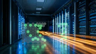 Server room with consent gate nodes controlling amber data streams in digital advertising