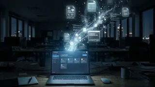 AI app builder on laptop leaking corporate files and medical data into the open web at night.
