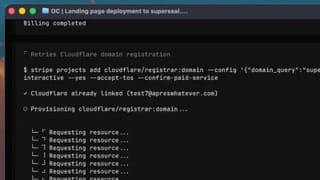 Stripe CLI terminal showing an AI agent provisioning a Cloudflare domain registration autonomously