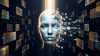 Stylized face fragmenting into hexagonal shards, representing AI likeness detection on YouTube.
