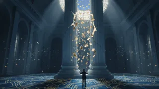 EU institutional hall with cracked column and cascading search cards, digital circuit floor