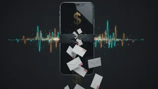 Smartphone cracked open spilling email envelopes as sound waves dissolve, exposing fake AI ad fraud