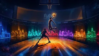 OBL Battle of The Cities players on Fubo Sports Network glowing basketball court