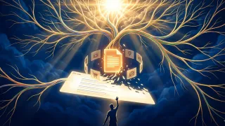 Google Search neural tree with content cards and AI pathways, generative AI guide 2026