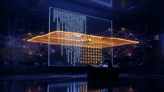 AI filter transforming search query text into rewritten intent signals in a dark control room