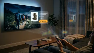 Prime Video interactive video ad with Add to Cart overlay on a living room TV screen.