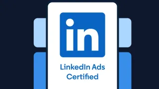 LinkedIn Ads Certified agency badge on dark blue background, 2026 program launch
