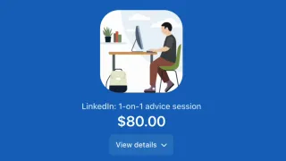 LinkedIn Advice Sessions booking screen showing a 1-on-1 consultation priced at $80