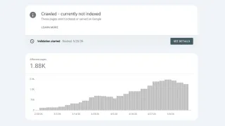 Google Search Console chart showing 1.88K crawled but not indexed pages rising from Feb to May 2026