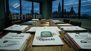 Canadian regulators' OpenAI investigation dossiers on conference table, Parliament in background.