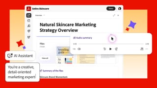 Adobe Acrobat PDF Space showing audio summary and AI Assistant for a skincare marketing document