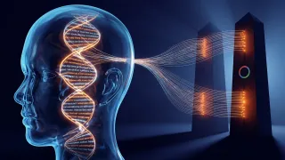 Glass human head with data streams flowing to dark server obelisks, ChatGPT privacy