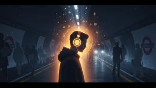 London Underground commuter with glowing headphones amid crowd, UK podcast advertising study