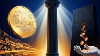 EU court backs publisher pay rights as coins fall from a cracked platform monolith.