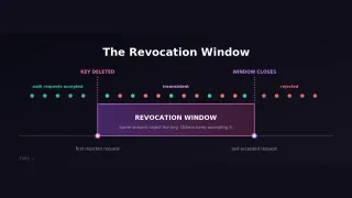 Timeline showing Google API key revocation window with mixed accepted and rejected auth requests.