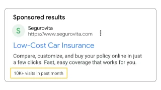 Google Search ad showing 10K+ visits in past month badge for Segurovita insurance