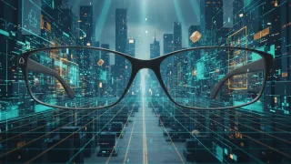Snap Specs AR glasses floating above a holographic city with teal augmented reality overlays