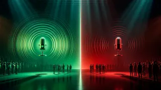 Two podcast microphones split by green Spotify and red YouTube light, showing engagement gap