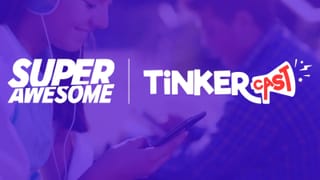SuperAwesome and Tinkercast logos on purple background announcing podcast ad partnership