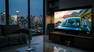 Teads CTV HomeScreen ad on smart TV in modern living room, city skyline at dusk