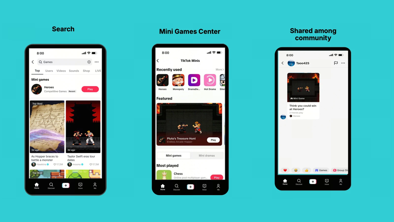TikTok Mini Games interface showing Search, Mini Games Center, and community sharing on mobile