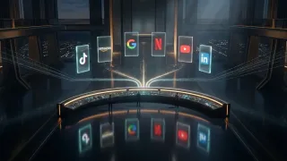 Holographic TikTok, Amazon, Google, Netflix, YouTube and LinkedIn logos converge in a control room