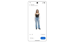 Google Photos Try it on screen showing a virtual outfit preview on an Android phone