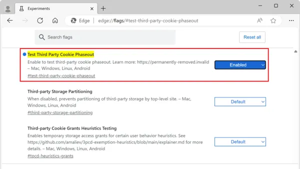 Test Third Party Cookie Phaseout flag