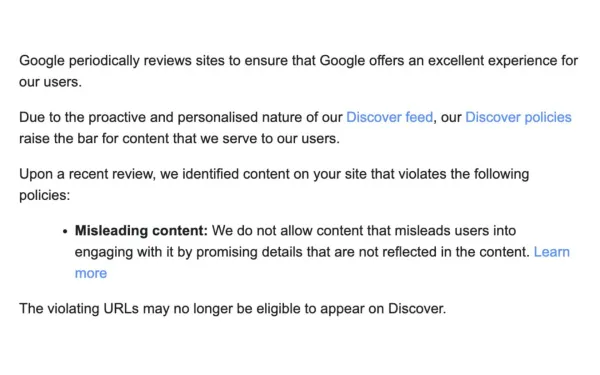 Google Discover Policy Violation