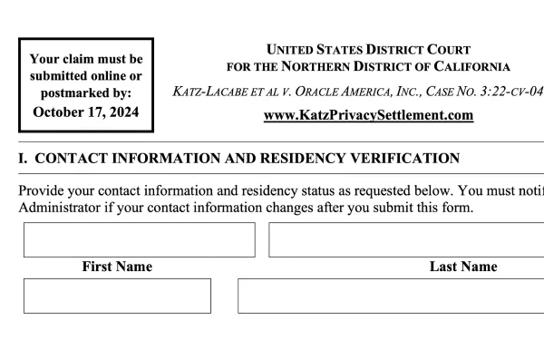 Claim Form KATZ-LACABE ET AL V. ORACLE AMERICA, INC., CASE NO. 3:22-CV-04792