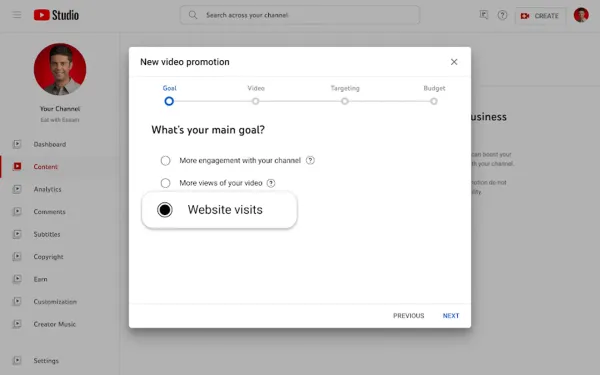 YouTube Studio - new website visits goal