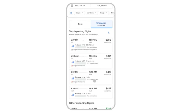 Cheapest tab in Google Flights search results