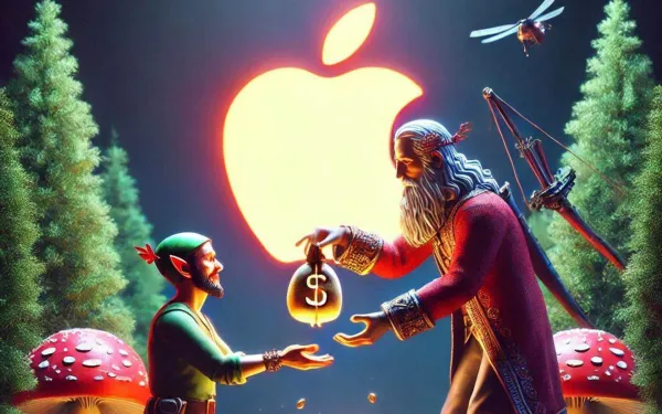 Fantasy illustration shows Google as wizard giving money bag to Apple elf, depicting $20B search deal's fairytale profits