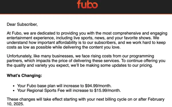 Fubo increases base plan to $94.99