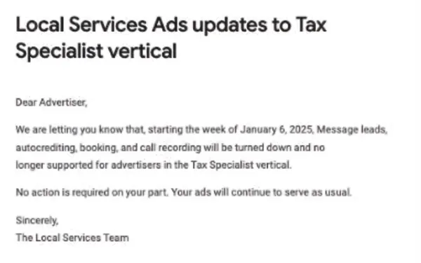 Core features removed from Google's Local Services Ads tax specialist vertical starting January 2025.