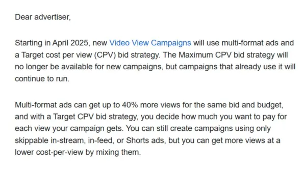 Google Video View Campaigns shift from Maximum CPV to Target CPV with multi-format ads from April 2025.