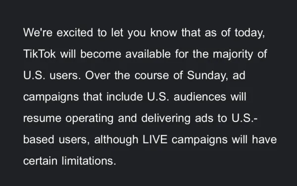 TikTok's announcement message on black background stating platform's return to US market with limited live features