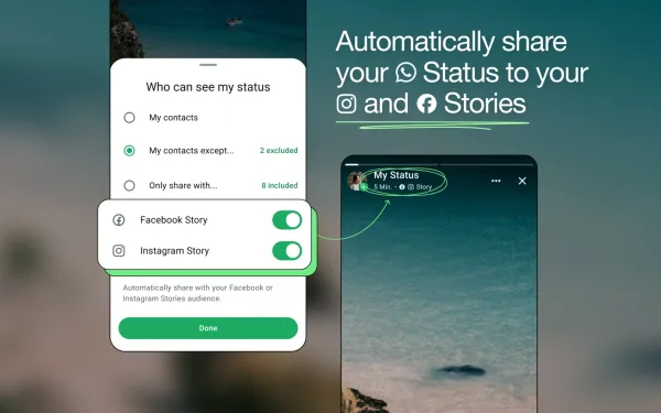 Automatically share WhatsApp Status to Facebook and Instagram Stories with new Accounts Center integration.