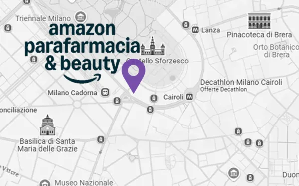 Map shows Amazon Parafarmacia & Beauty location in Milan, near Castello Sforzesco and cultural landmarks.